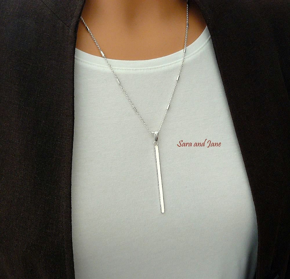 Long Bar Necklace, Vertical Bar, Long Silver Necklace, Long
