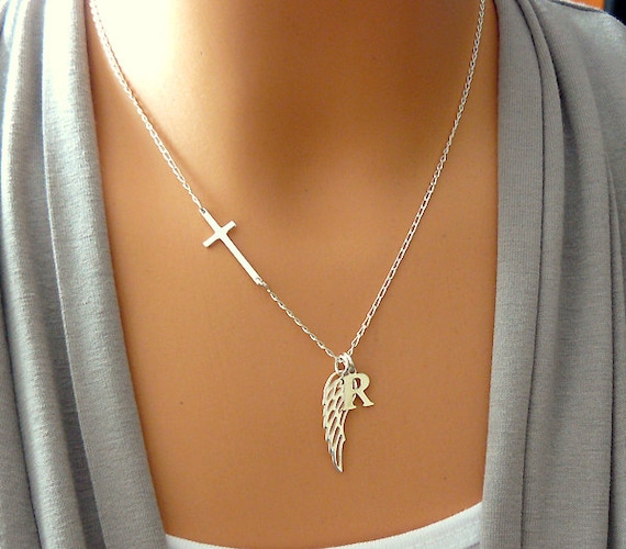 Personalized Angel Wing Necklace Sideways Cross Memorial Etsy