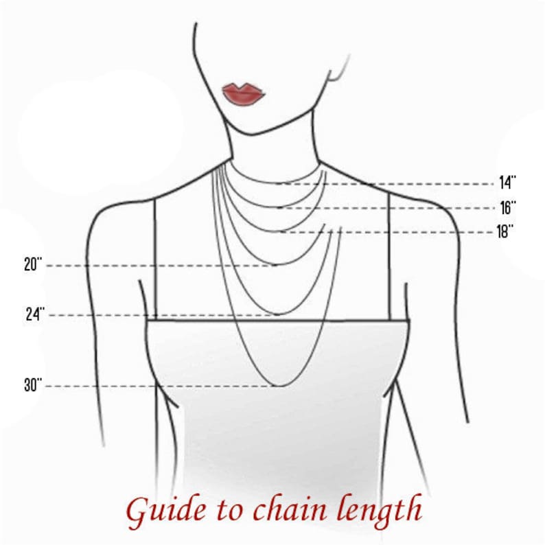 May include: A guide to chain lengths for necklaces, showing different lengths from 14 inches to 30 inches.