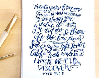 Mark Twain Literary Quote Calligraphy Art Print - Explore Dream Discover