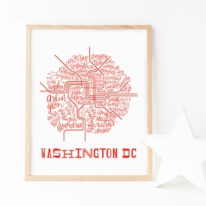 Washington DC Neighborhood Map Calligraphy Art Print