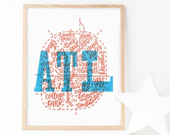 Atlanta Neighborhood Map Letterpress Effect Art Print