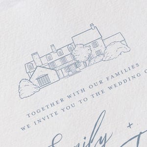Puede incluir: Una invitación blanca con un dibujo lineal azul de una casa y el texto "Together with our families, we invite you to the wedding of Emily + Trevor."