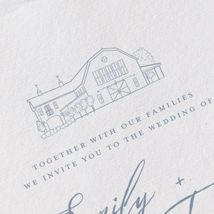 May include: A light blue and white wedding invitation with a detailed illustration of a barn. The text reads "Together with our families, we invite you to the wedding of Emily + Trevor."