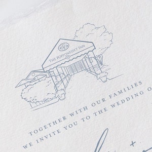 May include: A wedding invitation with a line drawing of a building with the text "The Popponnesset Inn" and the text "Together with our families we invite you to the wedding of Emily + Trevor".