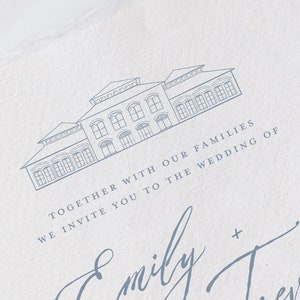 May include: A wedding invitation with a blue line drawing of a building and the text "Together with our families we invite you to the wedding of Emily + Trevor".