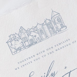 May include: A wedding invitation with a blue illustration of a large house with a tower. The text reads "Together with our families we invite you to the wedding of Emily + Trevor".