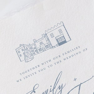 May include: A wedding invitation with a blue illustration of a castle and the text "Together with our families we invite you to the wedding of Emily + Trevor".