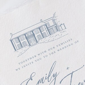 May include: A blue and white wedding invitation with a hand-drawn illustration of a house. The text reads "Together with our families we invite you to the wedding of Emily + Trevor".
