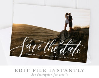 Hand Lettered Calligraphy Horizontal Save the Date Template with Large Background Photo - Instantly Downloadable and Printable via Templett