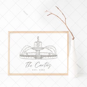 Pode incluir: Um desenho a preto e branco de uma fonte com uma est&aacute;tua no topo. O texto "The Carters EST. 2022" est&aacute; abaixo da fonte.