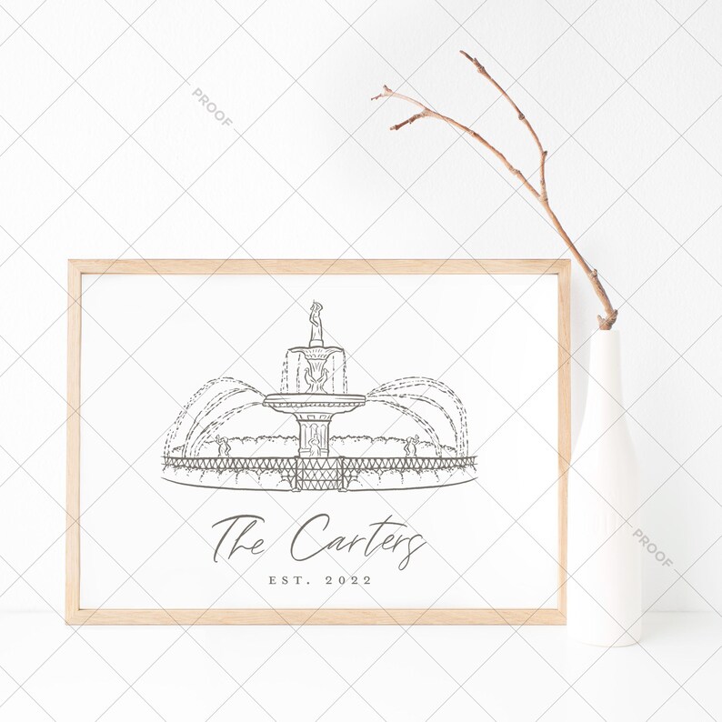 Pode incluir: Um desenho a preto e branco de uma fonte com uma est&aacute;tua no topo. O texto "The Carters EST. 2022" est&aacute; abaixo da fonte.