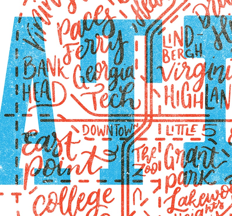 Atlanta Neighborhood Map Letterpress Effect Art Print - Etsy