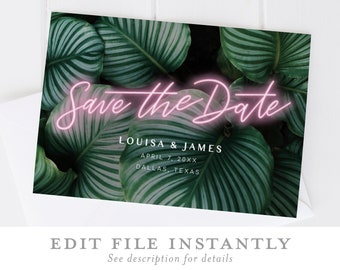 Neon Palm Leaf Editable Save the Date Template - Instantly Downloadable and Printable via Templett