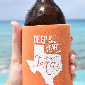 Texas Can Cooler Beer Cozy &quot;Deep in the Heart of Texas&quot; in Texas Orange