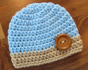 Crocheted Baby Boy Hat with Wooden Button ~ Baby Blue & Tan ~ Baby Shower Gift ~ Photo Prop ~ Newborn to 5T ~ MADE TO ORDER