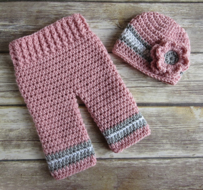 Crocheted Baby Girl Hat and Pants Set Soft Pink Silver Gray Etsy