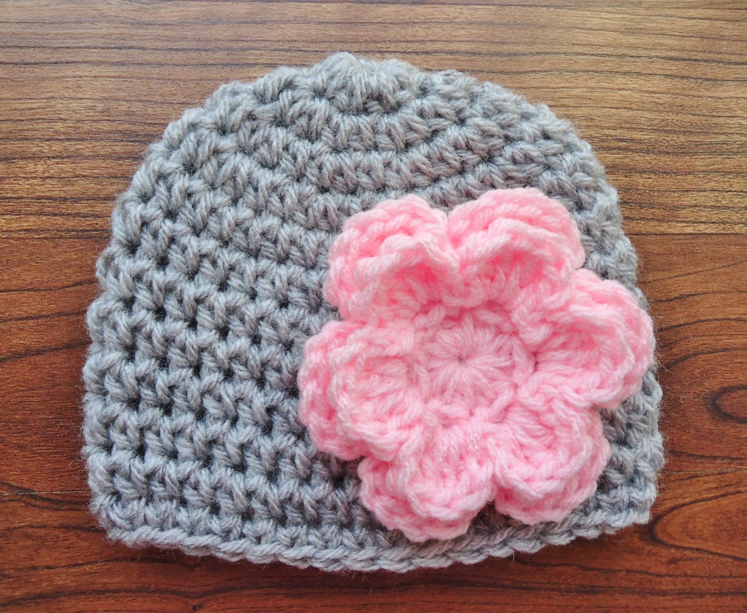 Crocheted Baby Girl Silver Gray Heather Hat with Baby Pink | Etsy