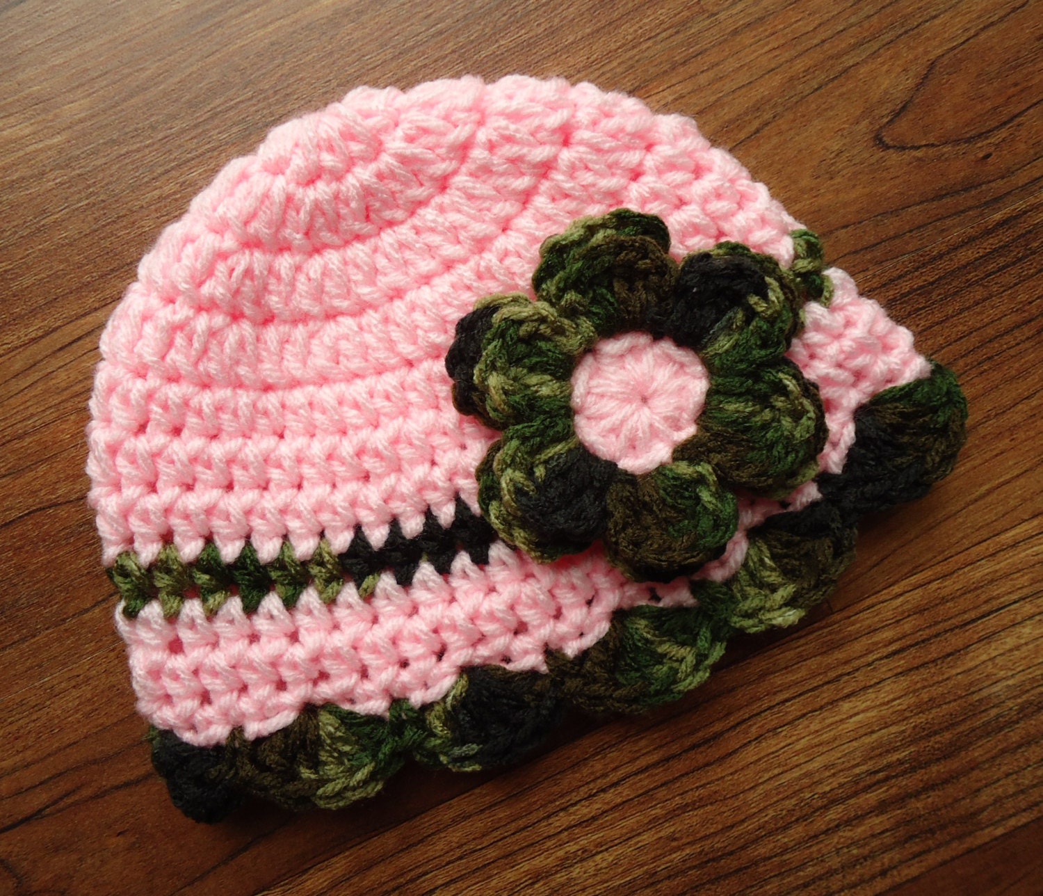 Crocheted Baby Girl Light Pink and Camo Hat with Flower Baby Etsy