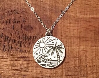 Silver Beach Charm Necklace: Stainless Steel Palm Tree Pendant