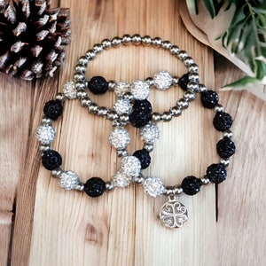 Black and White Bracelets Beaded- Elastic-3 Bracelet Set-Womens Ladies Bracelets