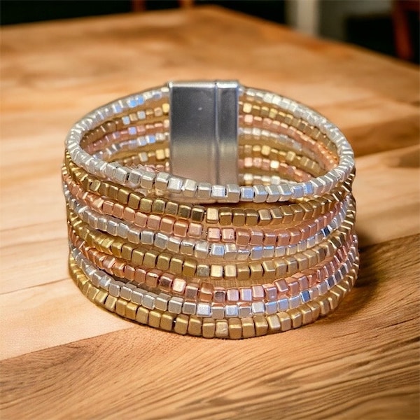 Silver Gold Rose Gold Beaded Layered Wrap Bracelet- Layered Bracelet-Magnetic Closure-Womens Ladies Bracelet Christmas Gift