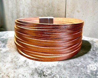 Bronze Metallic Leather Wrap Bracelet: Layered Magnetic Clasp