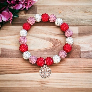 Red Pink and White Bracelet -Red Light Pink and White- Elastic Shamballa Bead Bracelet with charm Womens Ladies Bracelet-Valentines Day Gift