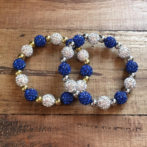 Blue and White Bracelet -Shamballa Bead Bracelet- Royal Blue and White-KC Royals Bracelet -Elastic- Silver or Gold Spacers- Womens Ladies Br