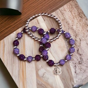 Purple Bracelet Set-Shamballa Beaded Bracelet -Purple Bracelet Set - 3-Elastic Bracelets-Womens Ladies Bracelet