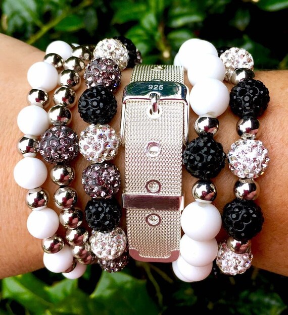 Black White Shamballa Bracelet: Rhinestone Bead Charm Bracelet