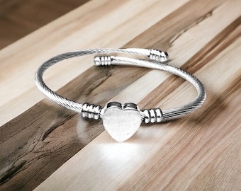 Sterling Silver Heart Bracelet, Bangle Bracelet for Women, Two