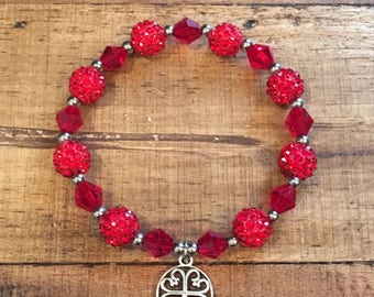 Red Shamballa and Glass Beaded Bracelet - Silver Spacers- Womens Ladies Bracelet