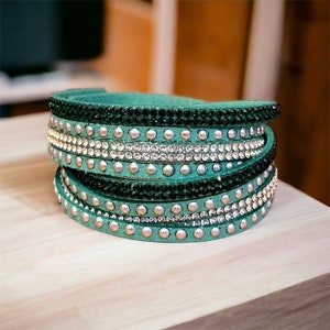 Green Faux Suede Wrap Bracelet: Silver Stud Rhinestone Choker