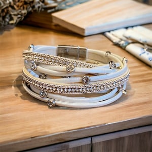 White & Silver Layered Wrap Bracelet- Layered Bracelet-Magnetic Closure-Womens Ladies Bracelet Choker -Mothers Day Gift