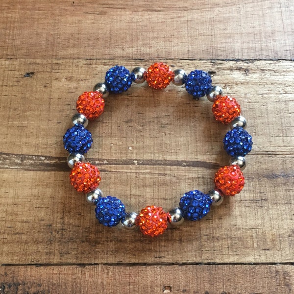 Royal Blue and Orange Shamballa Bead Bracelet- OKC Thunder - Elastic-Silver or Gold Spacers- Womens Ladies Bracelet