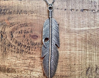 Feather Charm Necklace- Silver Stainless-Womens Charm Necklace-20”