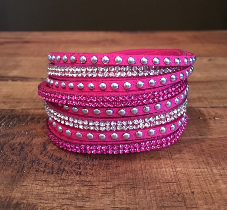 Hot Pink Wrap Bracelet Silver Stud Rhinestone Wrap-Snap Closure-Womens Ladies Wrap Bracelet Choker
