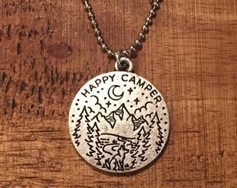 Mountain Charm Necklace Silver -Happy Camper Charm- Stainless Steel-Personalized Womens Ladies Charm Necklace-20”