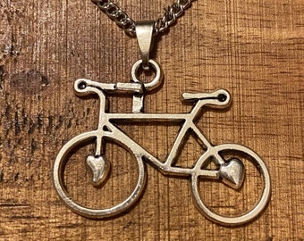 Bicycle Heart Charm Necklace Silver -Bicycle Hearts-Travel Jewelry -Stainless Steel- Personalized Womens Ladies Charm Necklace-20"Valentines