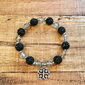 Black and Pewter - Shamballa and Glass Beaded Bracelet - Silver Spacers and charm- Womens Ladies Bracelet