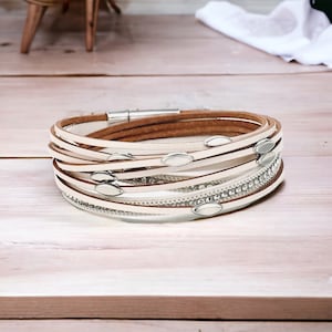 White and Silver Layered Wrap Bracelet- Layered Bracelet-Magnetic Closure-Womens Ladies Bracelet Choker -Mothers Day Gift