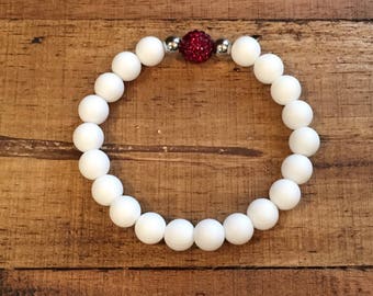 White and Red Bracelet -Silicone Bead Bracelet - Dark Red Shamballa - gold or silver spacers - 9mm- Womens Ladies Bracelet