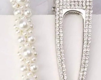 Hair Clips Rhinestone Pearl -Set of 2 -White Wedding Hair Barette Clip White Pearl Rhinestone Hair Accessories Women Hair Long Hair