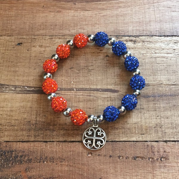 Royal Blue and Orange Shamballa Beaded Bracelet- OKC Thunder - Elastic Silver Spacers and Charm- Womens Ladies Bracele