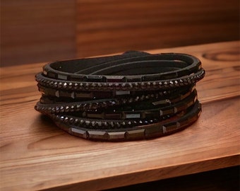 Black Wrap Bracelet- Suede Gemstone Double Wrap - Snap Closure- Womens Ladies Bracelet Choker