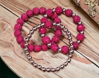 Pink Bracelet Set- Magenta- 3 Bracelets- Elastic Shamballa Bracelet - Gold or Silver Spacers - 10mm beads- Women’s Ladies Bracelet