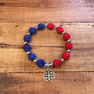 Red and Blue Bracelet -USA Bracelet -Shamballa beaded bracelet-Elastic-Silver Spacers and Charm- Womens Ladies Bracelet