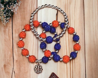 Blue and Orange Bracelet Set-Shamballa Bead Bracelet Set- OKC Thunder Set -3-Elastic- Womens Ladies Bracelet