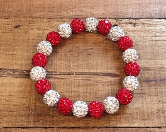 Red and White Shamballa Bead Bracelet-Red and White- Elastic- 10mm- Womens Ladies Bracelet